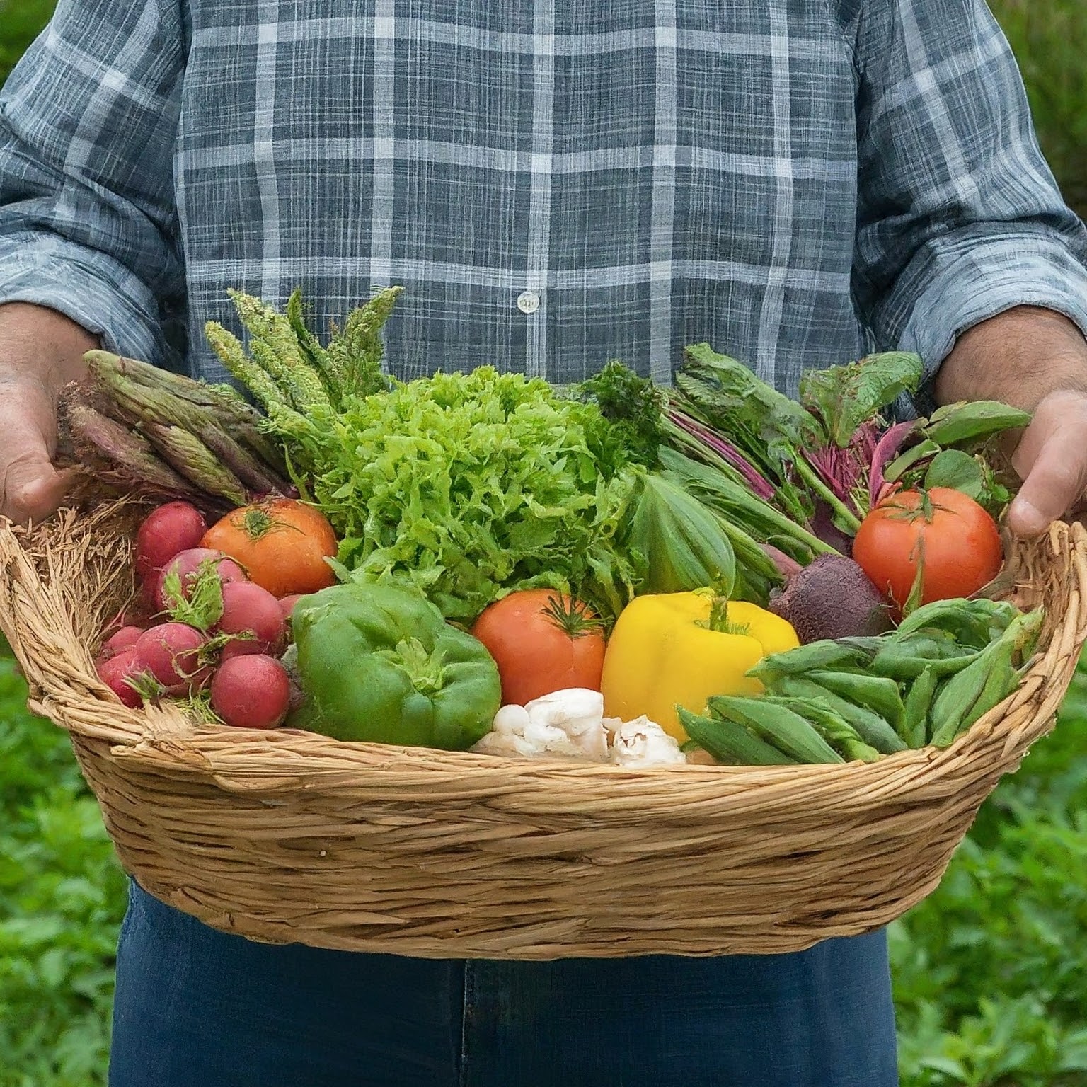 A farmer holding a basket of fresh produce