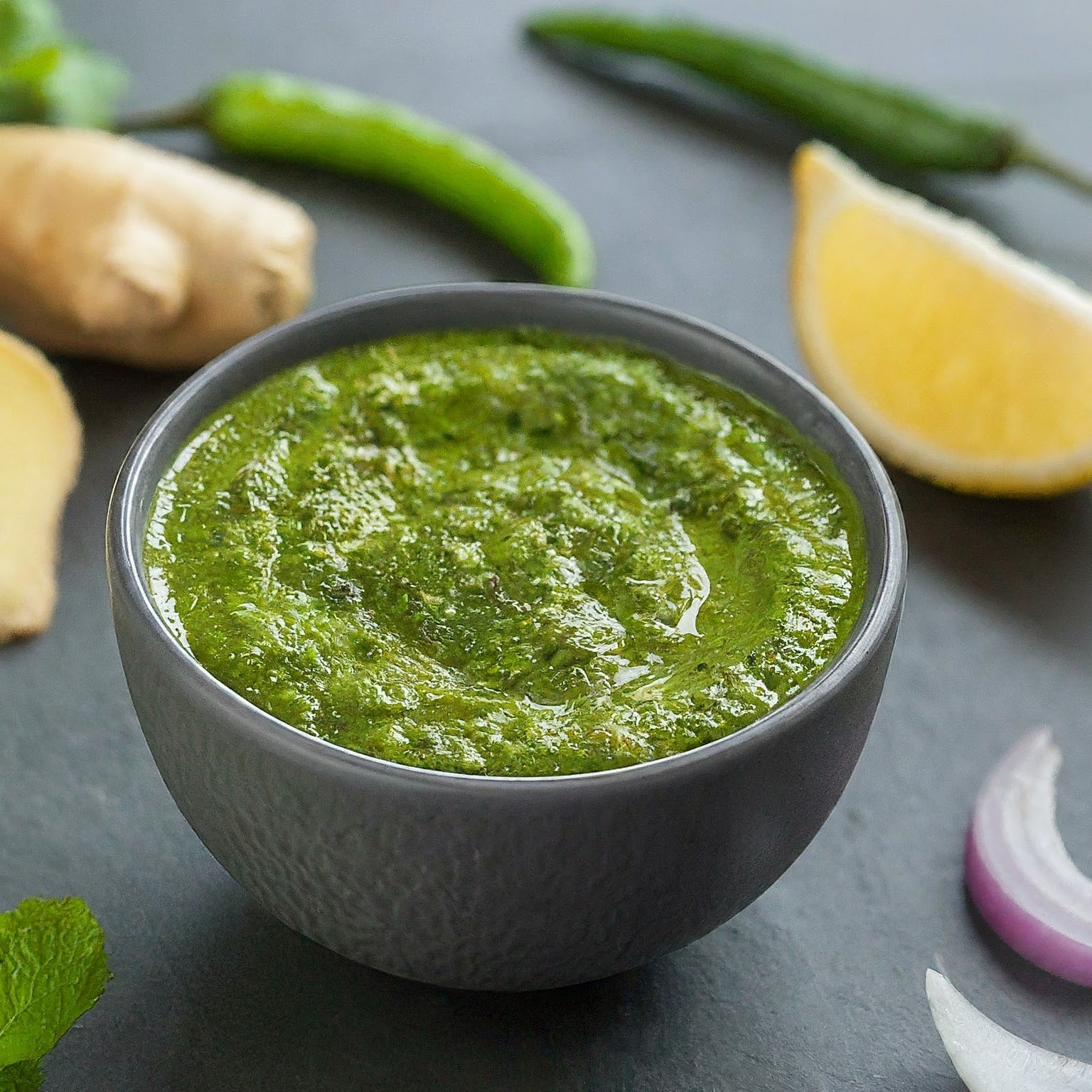 a bowl of chutney with cilantro, mint, onion, ginger, green pepper, and lemon juice